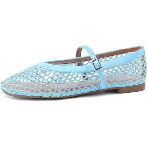 Rihero Mesh Ballet Flats for Women Comfortable Square Toe Ballerina Flats Buckle Strap Casual Fishnet Flat Shoes(Blue)