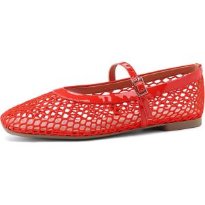Rihero Mesh Ballet Flats for Women Comfortable Square Toe Ballerina Flats Buckle Strap Casual Fishnet Flat Shoes(Red)