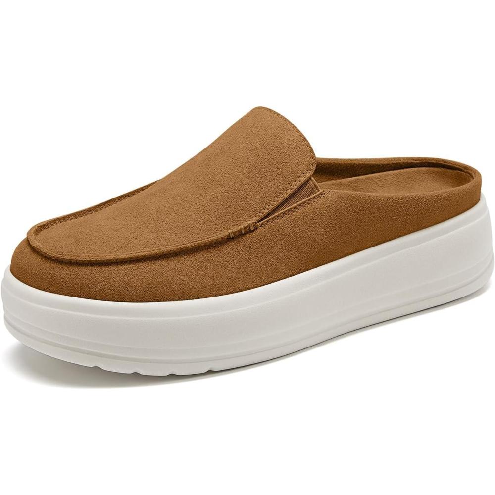 imageRihero Womens Slip On Platform Mule Shoes Comfortable Memory Foam Lightweight Round Toe Clogs for Work WalkingTan