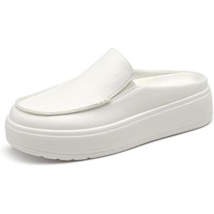 Rihero Women’s Slip On Platform Mule Shoes Comfortable Memory Foam Lightweight Round Toe Clogs for Work Walking(White Pu)