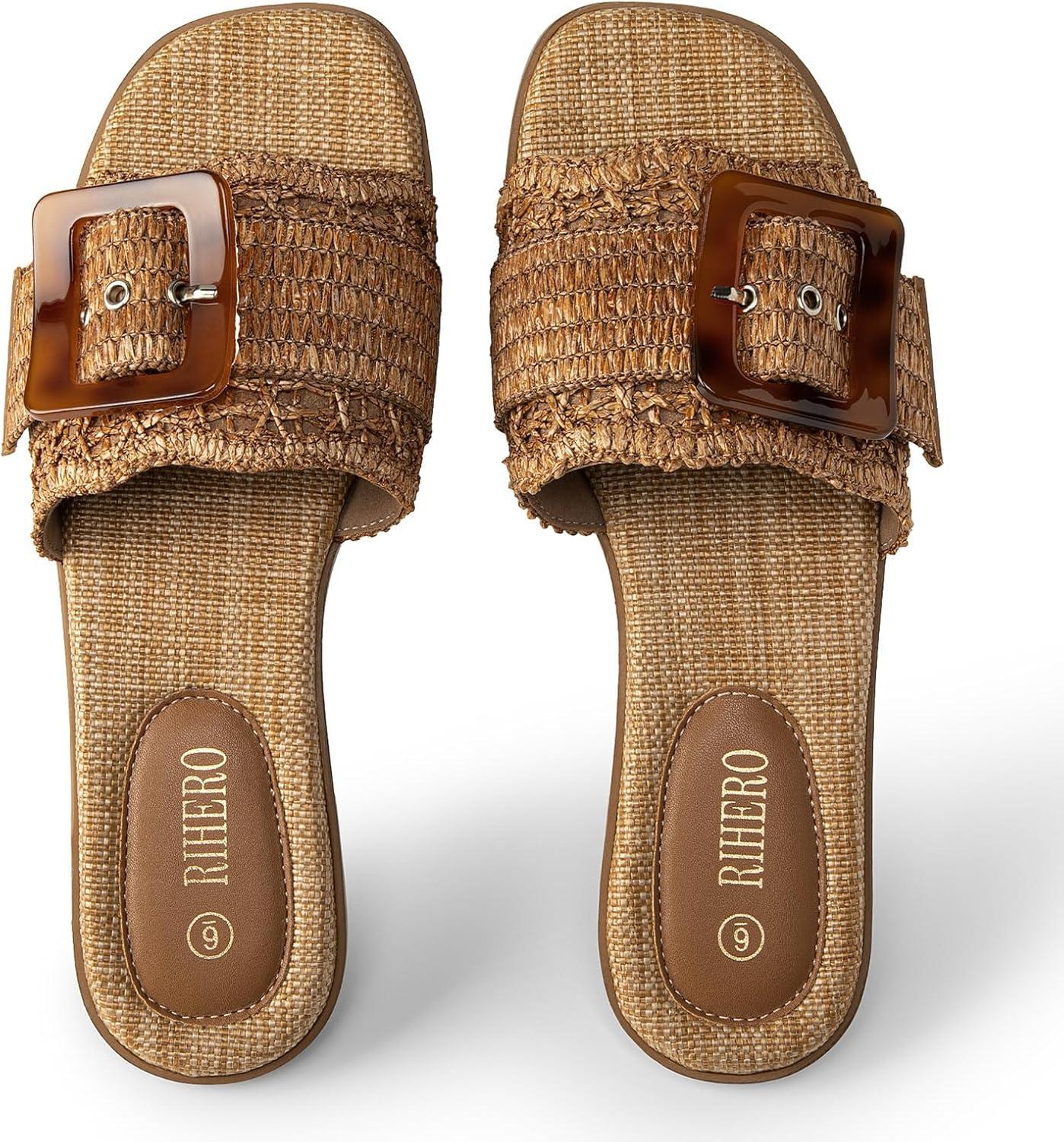 image:imageRihero Womens Raffia Flat Sandals Square Open Toe Summer Beach Slip On Woven Buckle Slide SandalsDark Brown