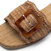 Rihero Women’s Raffia Flat Sandals Square Open Toe Summer Beach Slip On Woven Buckle Slide Sandals(Dark Brown)