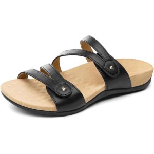 Rihero Women’s Orthopedic Arch Support Flat Sandals Comfortable Casual Slide Sandals with Adjustable Strap for Summer Walking(Black)