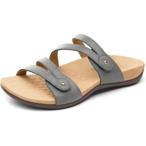 Rihero Women’s Orthopedic Arch Support Flat Sandals Comfortable Casual Slide Sandals with Adjustable Strap for Summer Walking(Grey)