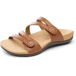 Rihero Women’s Orthopedic Arch Support Flat Sandals Comfortable Casual Slide Sandals with Adjustable Strap for Summer Walking(Tan)