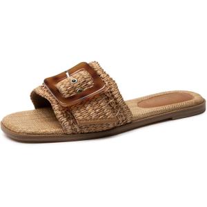 Rihero Women’s Raffia Flat Sandals Square Open Toe Summer Beach Slip On Woven Buckle Slide Sandals(Dark Brown)