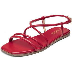 Rihero Women’s Strappy Flat Sandals Summer Lace Up Open Toe Comfortable Slip-On Ankle Strap Sandals(Red)