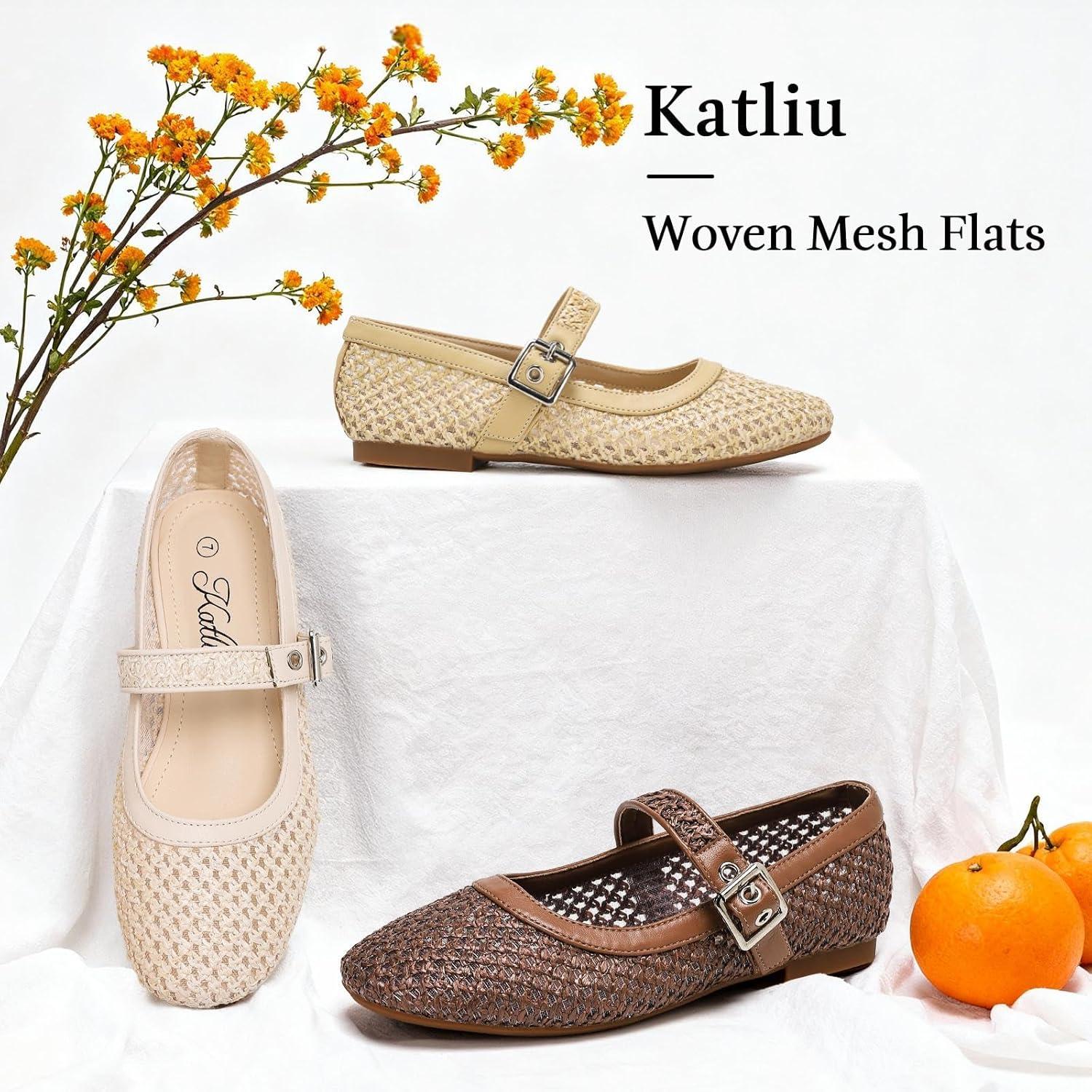 image:imagekatliu Woven Mesh Flats for Women Round Toe Ballet Flats Mary Jane Flat Shoes with BuckleBrown
