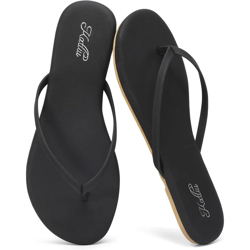 image:imagekatliu Womens Flip Flops Sandals Casual Beach Flat Sandals Cushioned Memory Foam Thong SandalsBlack