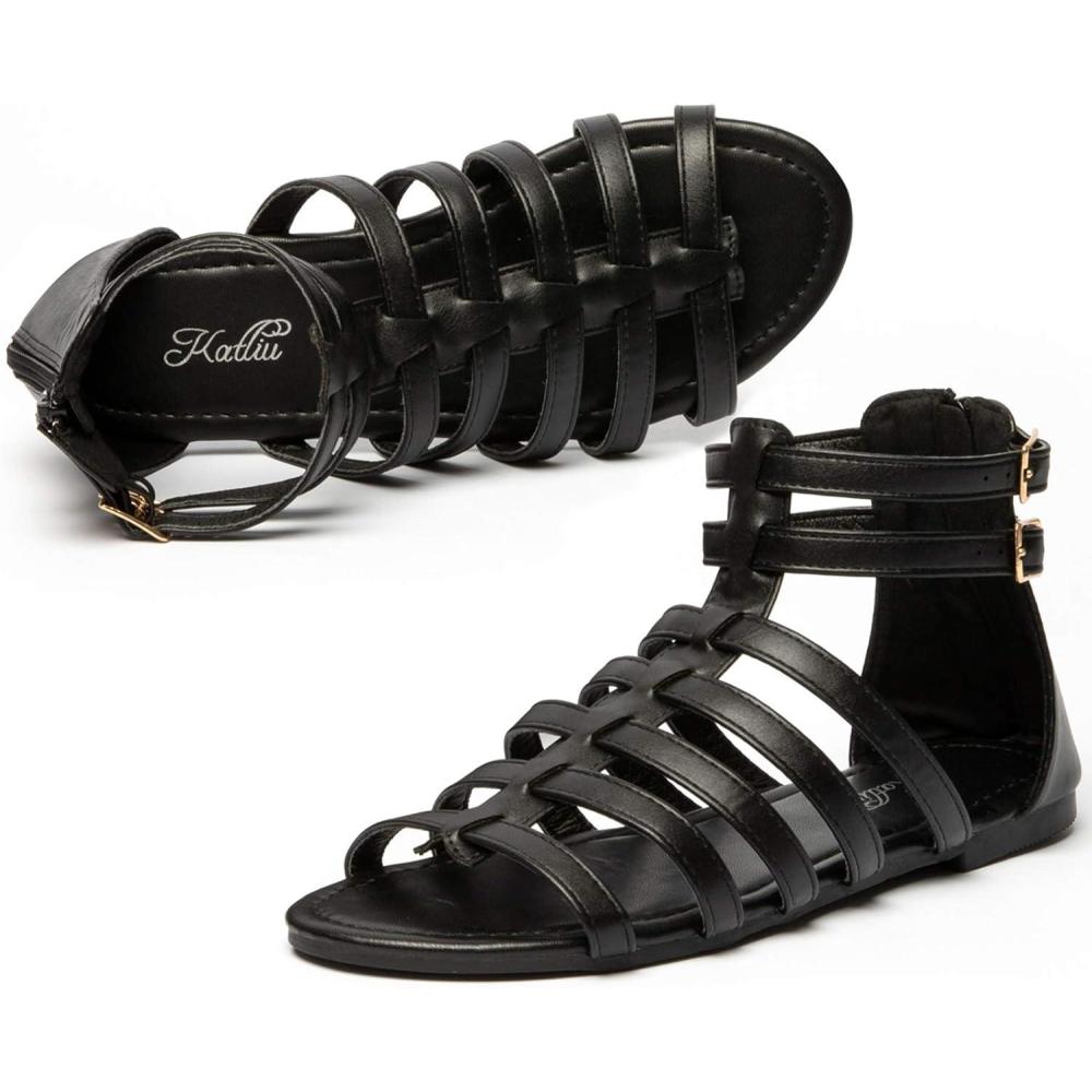 image:imagekatliu Womens Gladiator Sandal Strappy Flat Sandals Two Ankle BuckleBlack