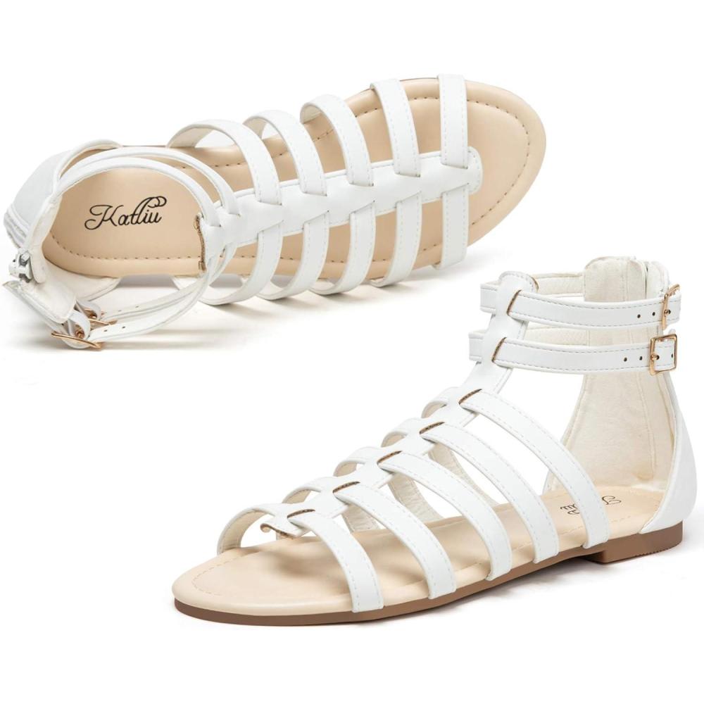 image:imagekatliu Womens Gladiator Sandal Strappy Flat Sandals Two Ankle BuckleWhite