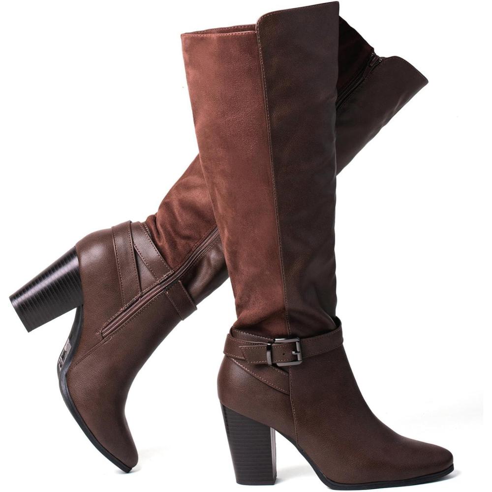 image:imagekatliu Womens Heeled Knee High Boots Zip Up High Chunky Heeled BootsCoffee Brown