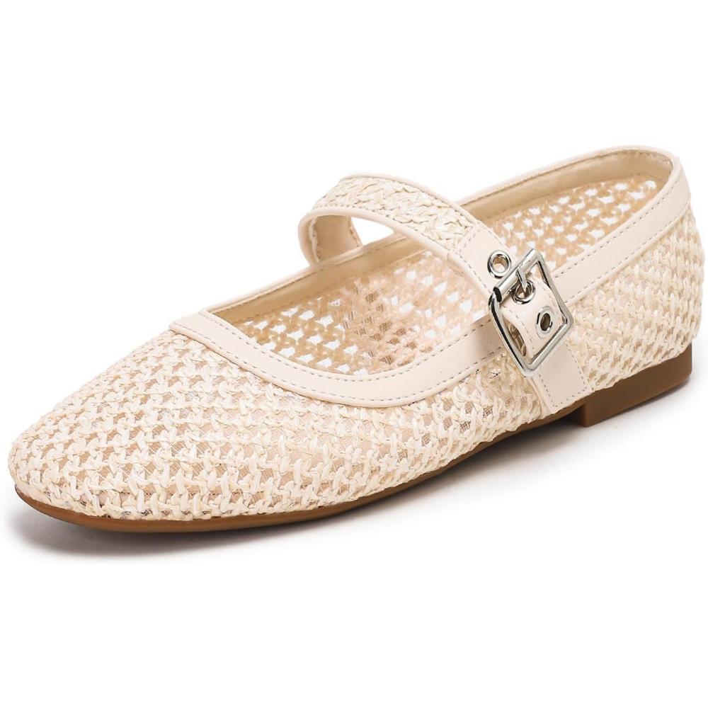 image:imagekatliu Woven Mesh Flats for Women Round Toe Ballet Flats Mary Jane Flat Shoes with BuckleBeige