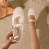 katliu Woven Mesh Flats for Women Round Toe Ballet Flats Mary Jane Flat Shoes with Buckle(Beige)