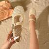 katliu Woven Mesh Flats for Women Round Toe Ballet Flats Mary Jane Flat Shoes with Buckle(Light Yellow)
