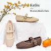 katliu Woven Mesh Flats for Women Round Toe Ballet Flats Mary Jane Flat Shoes with Buckle(Light Yellow)