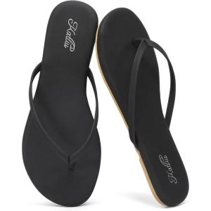 katliu Women’s Flip Flops Sandals, Casual Beach Flat Sandals, Cushioned Memory Foam Thong Sandals(Black)