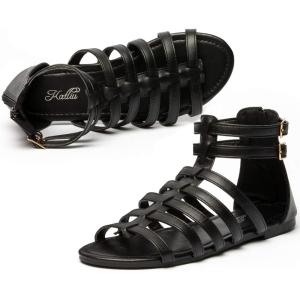 katliu Women’s Gladiator Sandal Strappy Flat Sandals Two Ankle Buckle(Black)