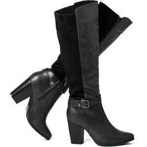 katliu Women’s Heeled Knee High Boots Zip Up High Chunky Heeled Boots(Black)