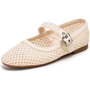katliu Woven Mesh Flats for Women Round Toe Ballet Flats Mary Jane Flat Shoes with Buckle(Beige)