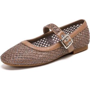 katliu Woven Mesh Flats for Women Round Toe Ballet Flats Mary Jane Flat Shoes with Buckle(Brown)