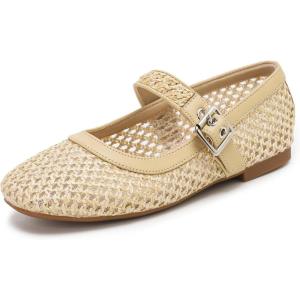 katliu Woven Mesh Flats for Women Round Toe Ballet Flats Mary Jane Flat Shoes with Buckle(Light Yellow)