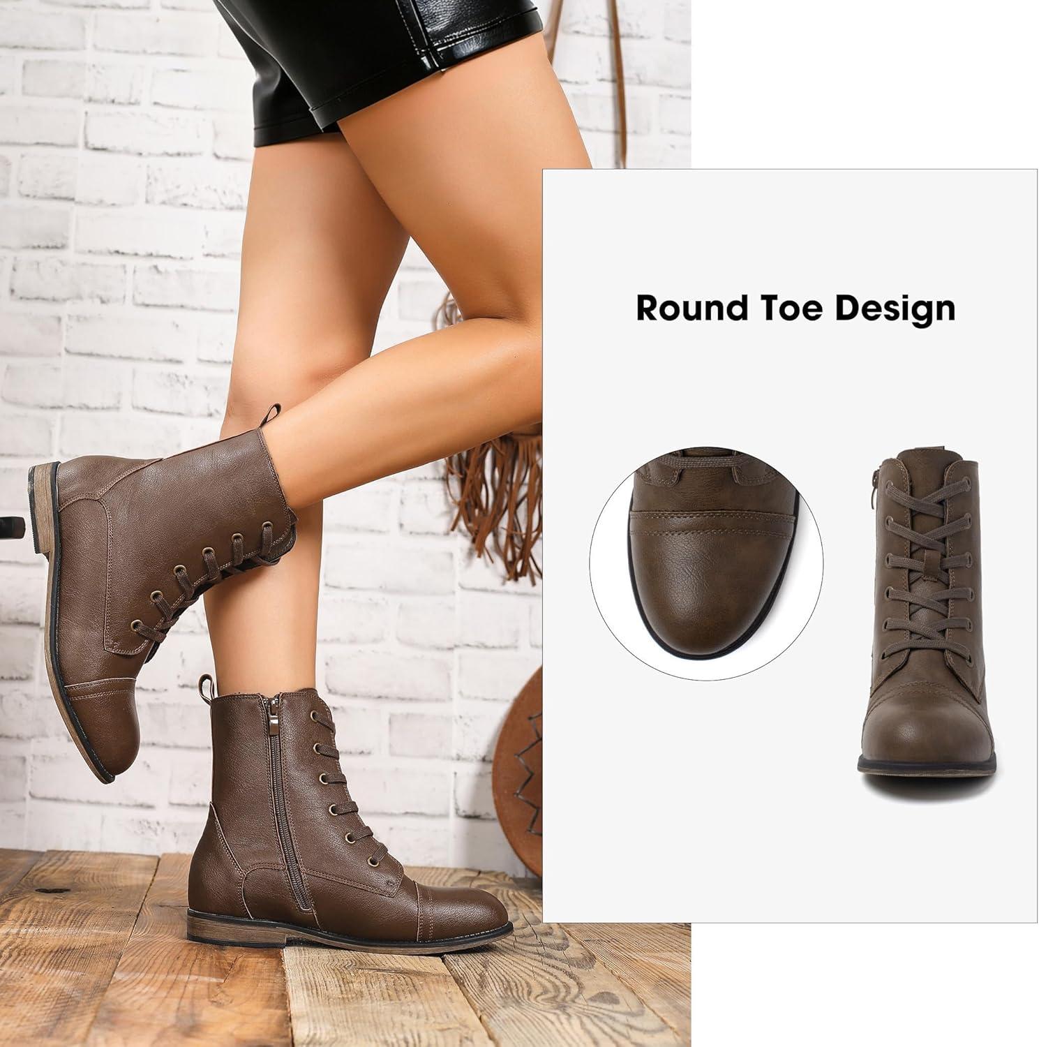 image:imagekatliu Womens Combat Boots Lace up Military Ankle Boots Side Zipper Round Toe BootiesBrown Taupe