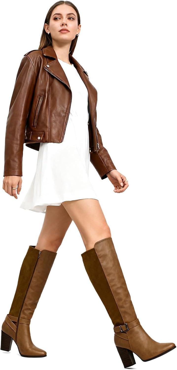 image:imagekatliu Womens Heeled Knee High Boots Zip Up High Chunky Heeled Boots Fall Boots Brown 10