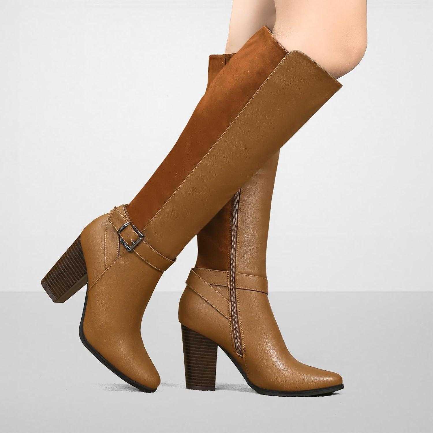 image:imagekatliu Womens Heeled Knee High Boots Zip Up High Chunky Heeled Boots Fall Boots Brown 10