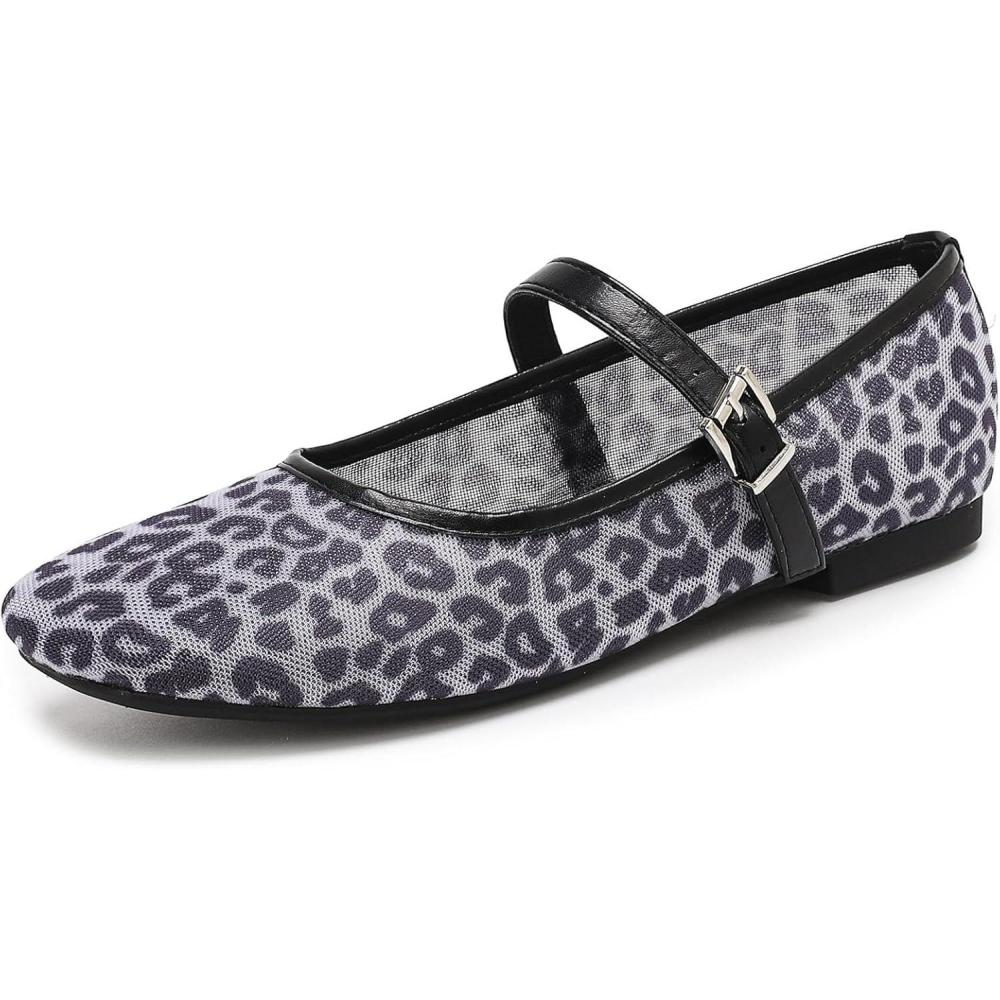 image:imagekatliu Mesh Flats for Women Round Toe Ballet Flats Animal Print Mary Jane Shoes with BuckleBlack