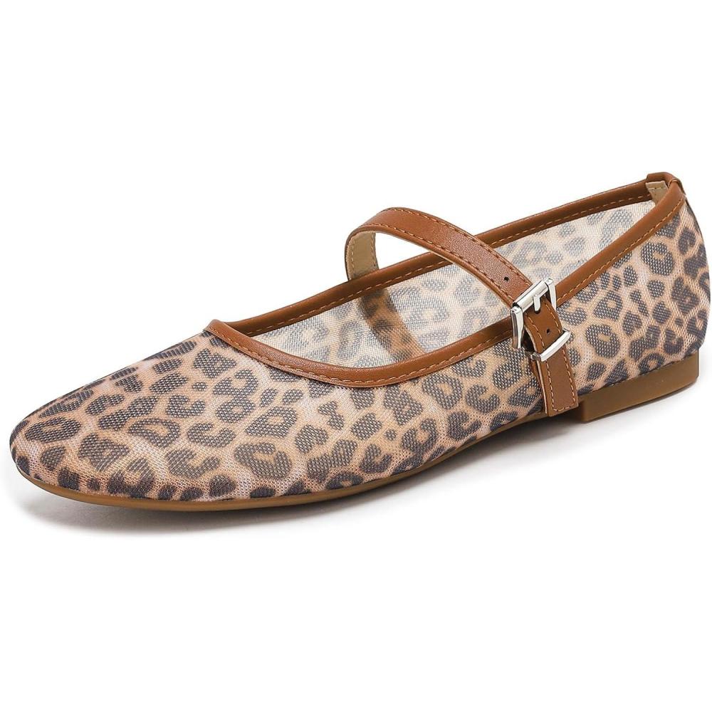 image:imagekatliu Mesh Flats for Women Round Toe Ballet Flats Animal Print Mary Jane Shoes with BuckleBrown