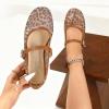 katliu Mesh Flats for Women Round Toe Ballet Flats Animal Print Mary Jane Shoes with Buckle(Brown)
