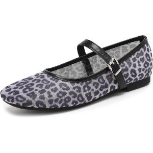 katliu Mesh Flats for Women Round Toe Ballet Flats Animal Print Mary Jane Shoes with Buckle(Black)