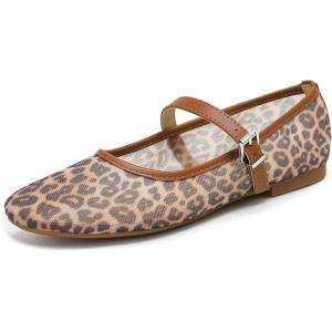 katliu Mesh Flats for Women Round Toe Ballet Flats Animal Print Mary Jane Shoes with Buckle(Brown)