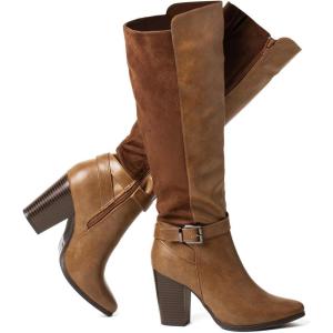 katliu Women’s Heeled Knee High Boots Zip Up High Chunky Heeled Boots Fall Boots Brown 10