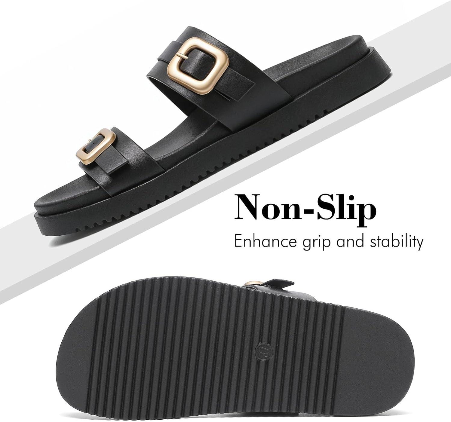 image:imagekatliu Womens Comfort Flat Sandals Double Buckle Adjustable Slide Sandals Casual Summer Sandals with Arch SupportBlack