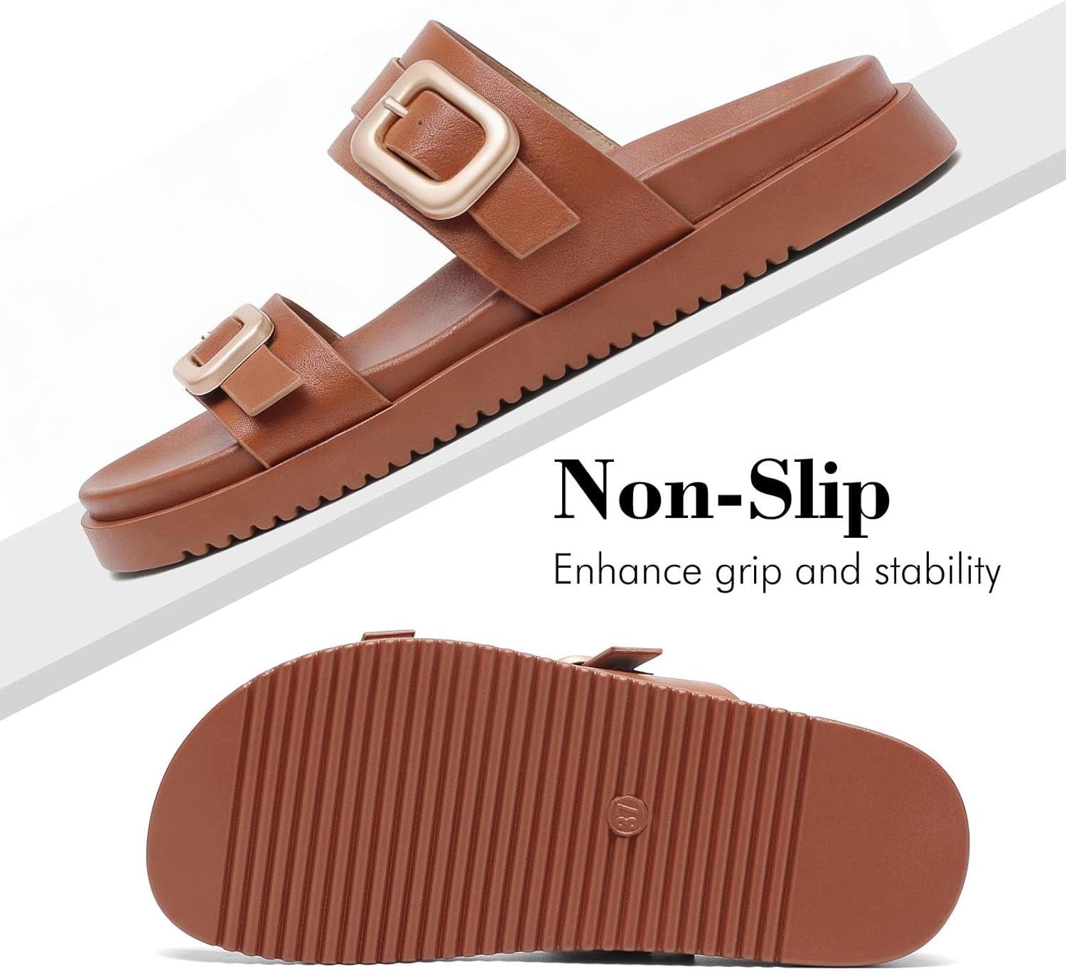 image:imagekatliu Womens Comfort Flat Sandals Double Buckle Adjustable Slide Sandals Casual Summer Sandals with Arch SupportBrown