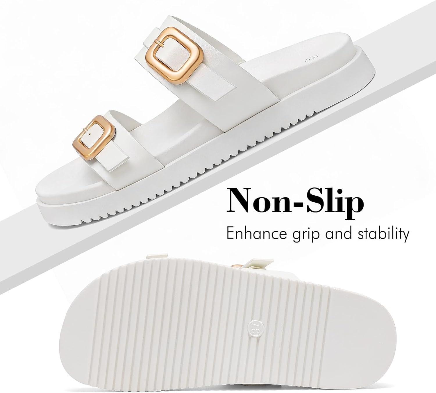 image:imagekatliu Womens Comfort Flat Sandals Double Buckle Adjustable Slide Sandals Casual Summer Sandals with Arch SupportWhite