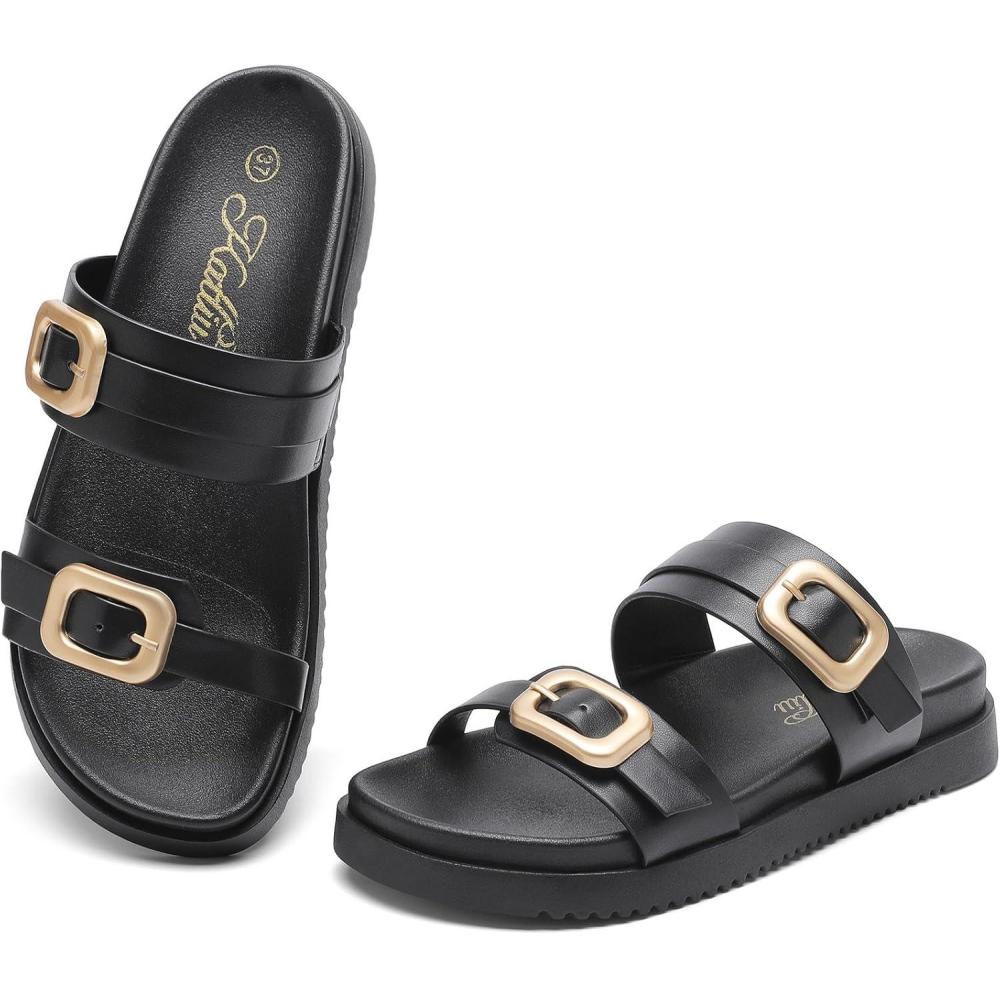 image:imagekatliu Womens Comfort Flat Sandals Double Buckle Adjustable Slide Sandals Casual Summer Sandals with Arch SupportBlack