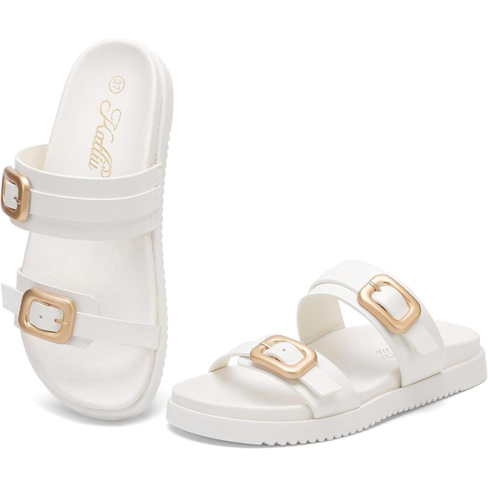image:imagekatliu Womens Comfort Flat Sandals Double Buckle Adjustable Slide Sandals Casual Summer Sandals with Arch SupportWhite