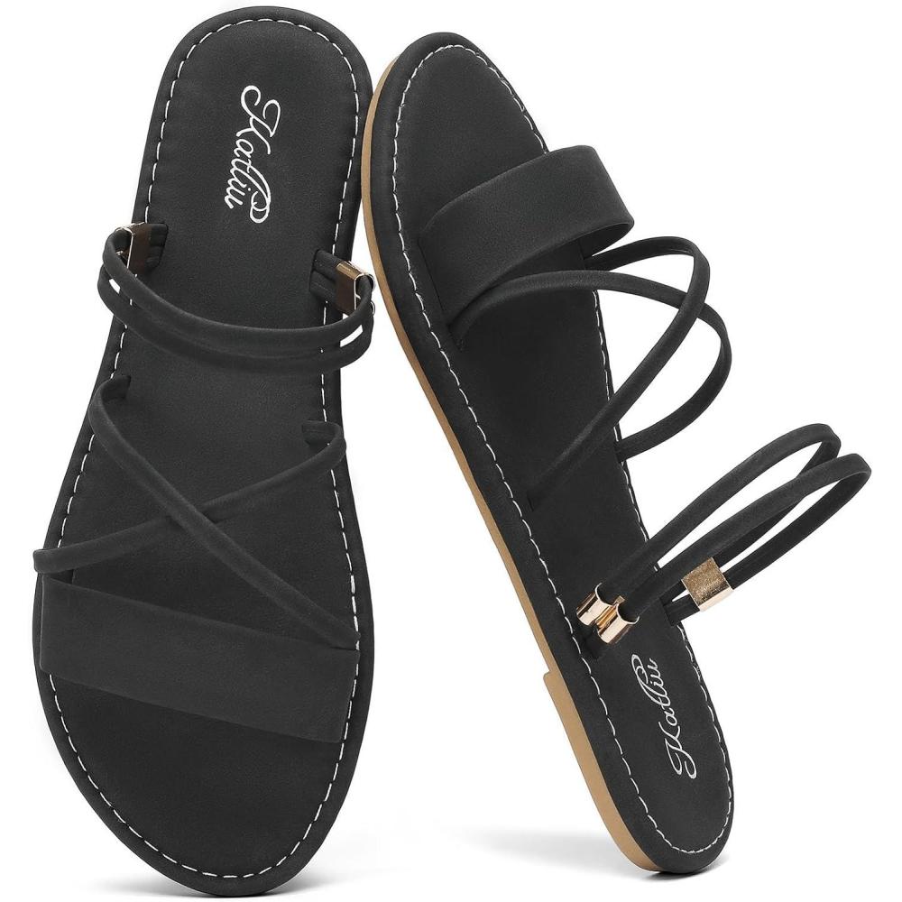 image:imagekatliu Womens Strappy Flat Sandals Round Toe Slide Sandals Casual Summer SandalsBlack