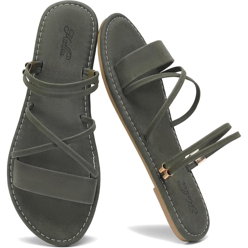 image:imagekatliu Womens Strappy Flat Sandals Round Toe Slide Sandals Casual Summer SandalsGreen