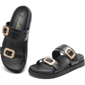 katliu Women’s Comfort Flat Sandals Double Buckle Adjustable Slide Sandals Casual Summer Sandals with Arch Support(Black)