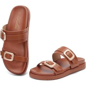 katliu Women’s Comfort Flat Sandals Double Buckle Adjustable Slide Sandals Casual Summer Sandals with Arch Support(Brown)
