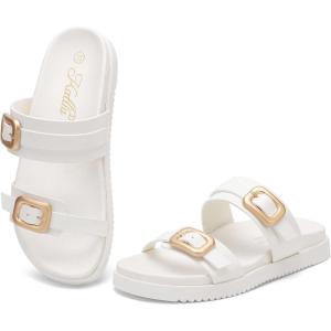 katliu Women’s Comfort Flat Sandals Double Buckle Adjustable Slide Sandals Casual Summer Sandals with Arch Support(White)