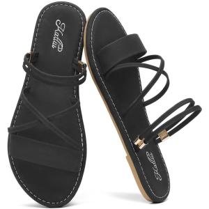katliu Women’s Strappy Flat Sandals Round Toe Slide Sandals Casual Summer Sandals(Black)