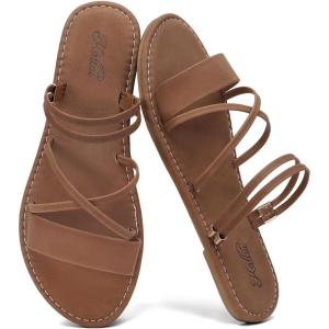 katliu Women’s Strappy Flat Sandals Round Toe Slide Sandals Casual Summer Sandals(Brown)