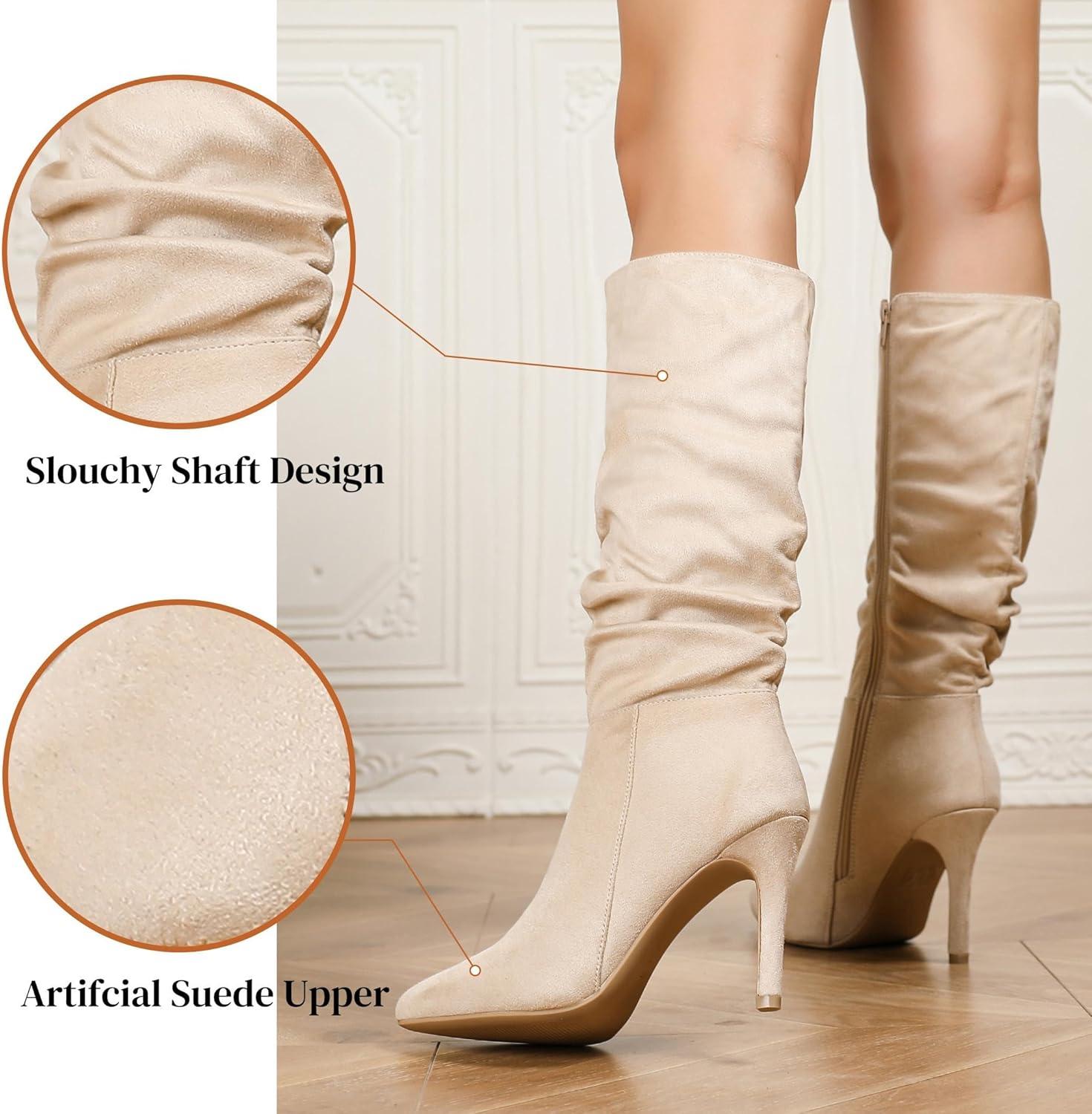 image:imagekatliu Women Suede Knee High Boots Pointed Toe Stiletto Boot Slouchy Zipper High Heel BootsBeige