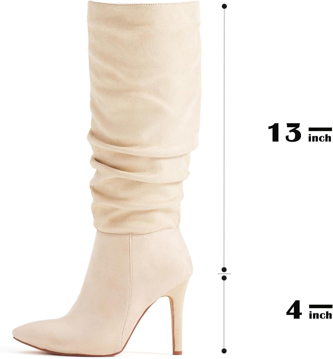 image:imagekatliu Women Suede Knee High Boots Pointed Toe Stiletto Boot Slouchy Zipper High Heel BootsBeige