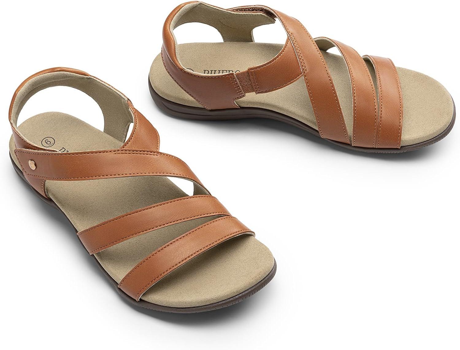 image:imageRihero Orthopedic Arch Support Sandals for Women Comfortable Walking Casual Adjustable Orthotic Flat SandalsTan
